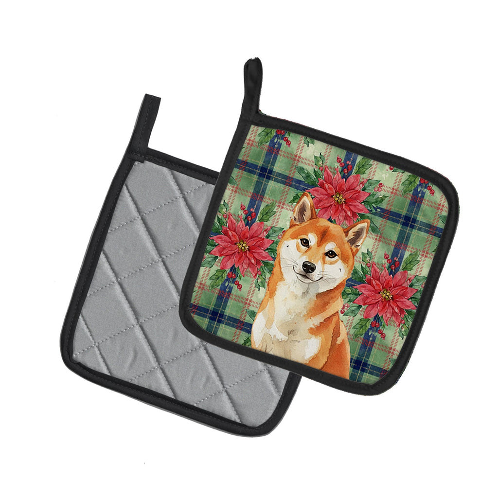 Red Shiba Inu Christmas PoinsettIas Pot Holder Set of 2 Heat Resistant Quilted Hot Pads 7.5 x 7.5 Inch, Insulated Kitchen Trivets for Cooking & Baking