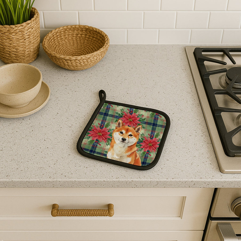 Red Shiba Inu Christmas PoinsettIas Pot Holder Set of 2 Heat Resistant Quilted Hot Pads 7.5 x 7.5 Inch, Insulated Kitchen Trivets for Cooking & Baking