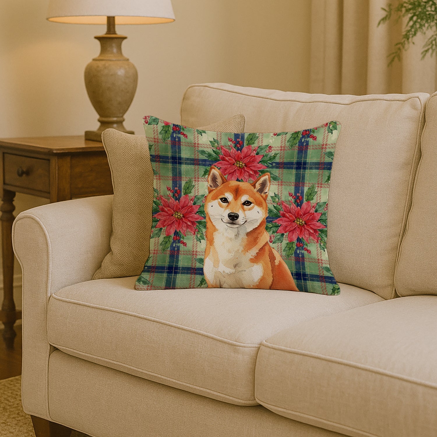 Red Shiba Inu Christmas PoinsettIas Decorative Throw Pillow 14x14 Indoor Outdoor Accent Cushion, Fabric Cover with Insert for Sofa, Bed, Porch & Living Room