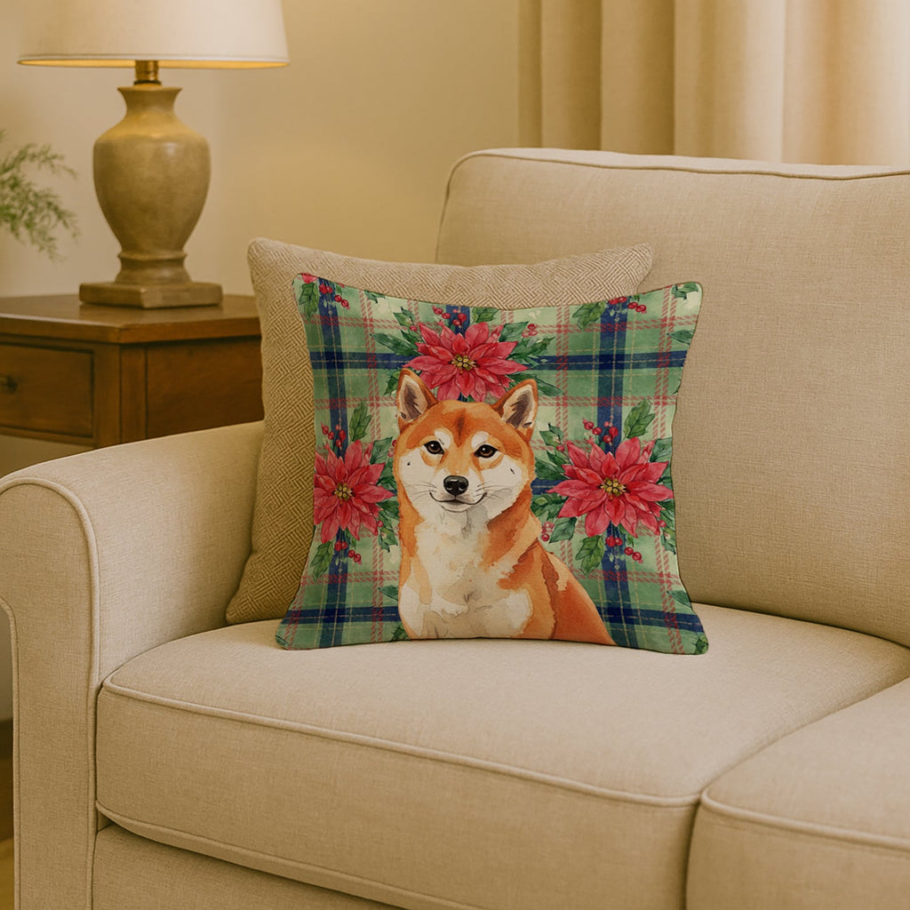 Red Shiba Inu Christmas PoinsettIas Decorative Throw Pillow 18x18 Indoor Outdoor Accent Cushion, Fabric Cover with Insert for Sofa, Bed, Porch & Living Room