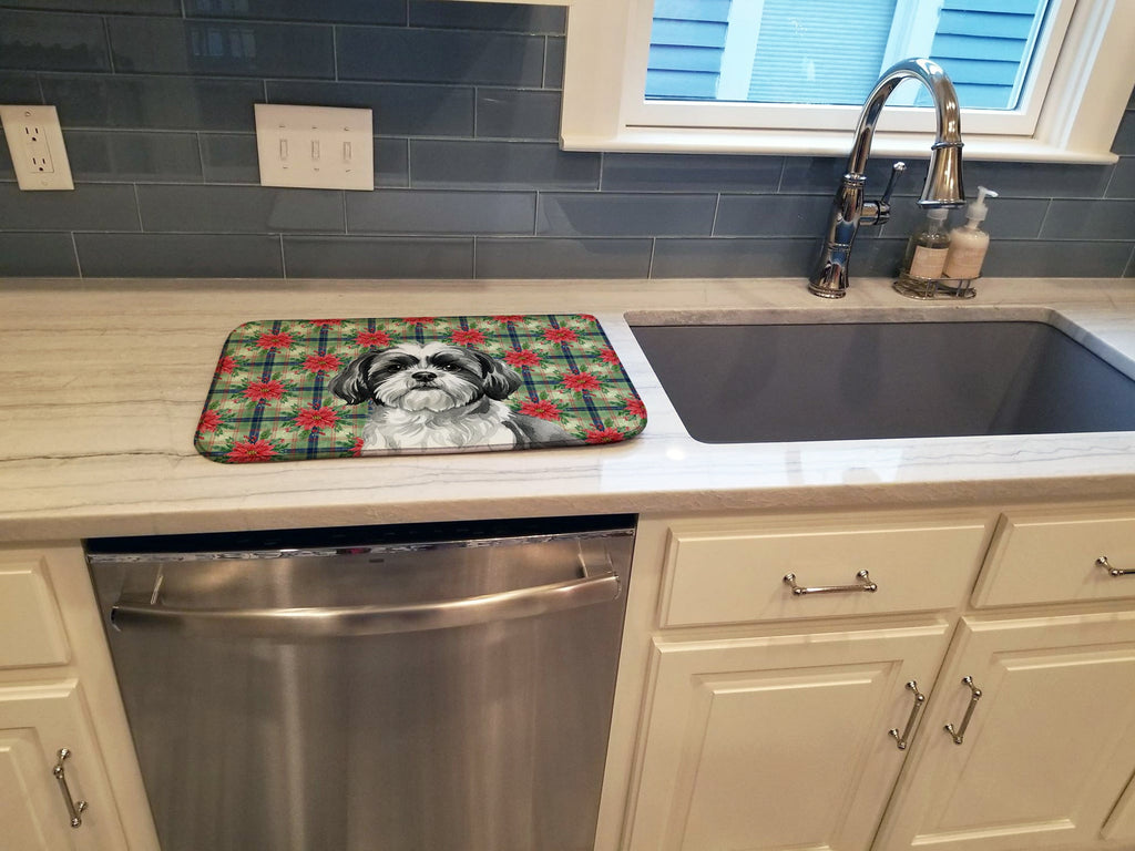 Black and White Shih Tzu Christmas PoinsettIas Dish Drying Mat Absorbent Dish Drying Mat Pad for Kitchen Counter Dish Drainer Mat for Countertop, 14 x 21", Multicolor