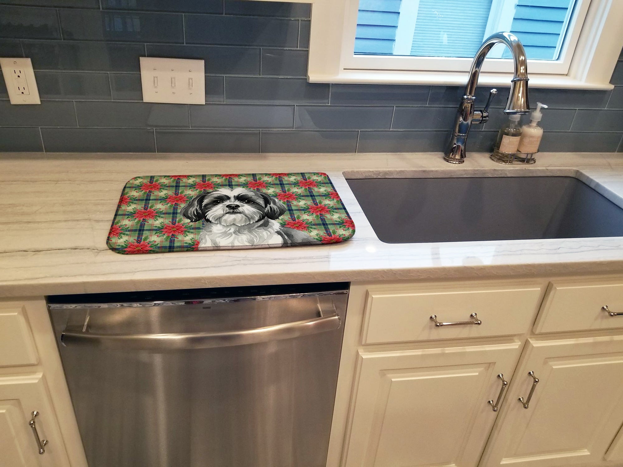 Black and White Shih Tzu Christmas PoinsettIas Dish Drying Mat Absorbent Dish Drying Mat Pad for Kitchen Counter Dish Drainer Mat for Countertop, 14 x 21", Multicolor