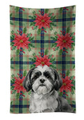 Black and White Shih Tzu Christmas PoinsettIas Kitchen Towel Velour Plush Front and Cotton Loop Back Machine Washable
