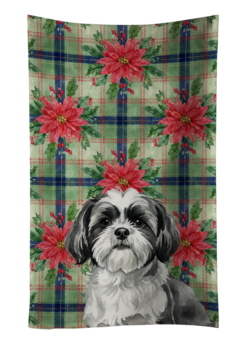 Black and White Shih Tzu Christmas PoinsettIas Kitchen Towel Velour Plush Front and Cotton Loop Back Machine Washable