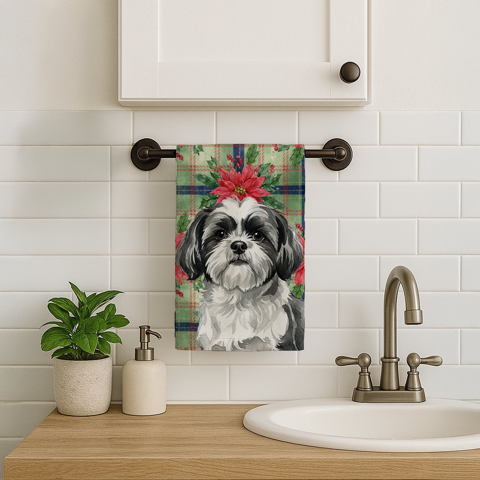 Black and White Shih Tzu Christmas PoinsettIas Kitchen Towel Velour Plush Front and Cotton Loop Back Machine Washable