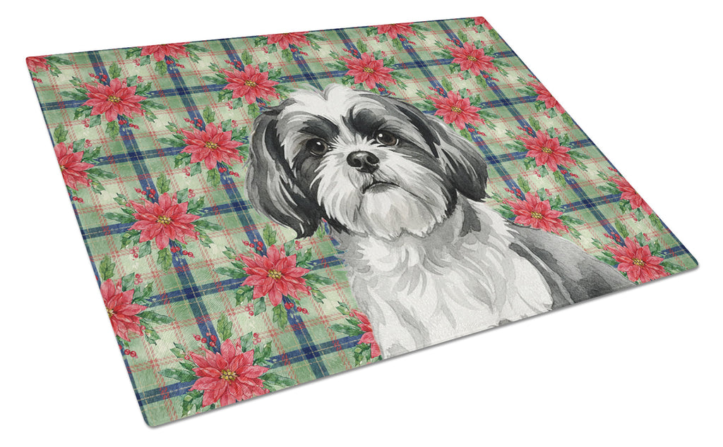 Black and White Shih Tzu Christmas PoinsettIas Cutting Board Tempered Glass Kitchen Cutting Surface, Heat Resistant Chopping, Non-Slip Feet, Food Prep & Serving
