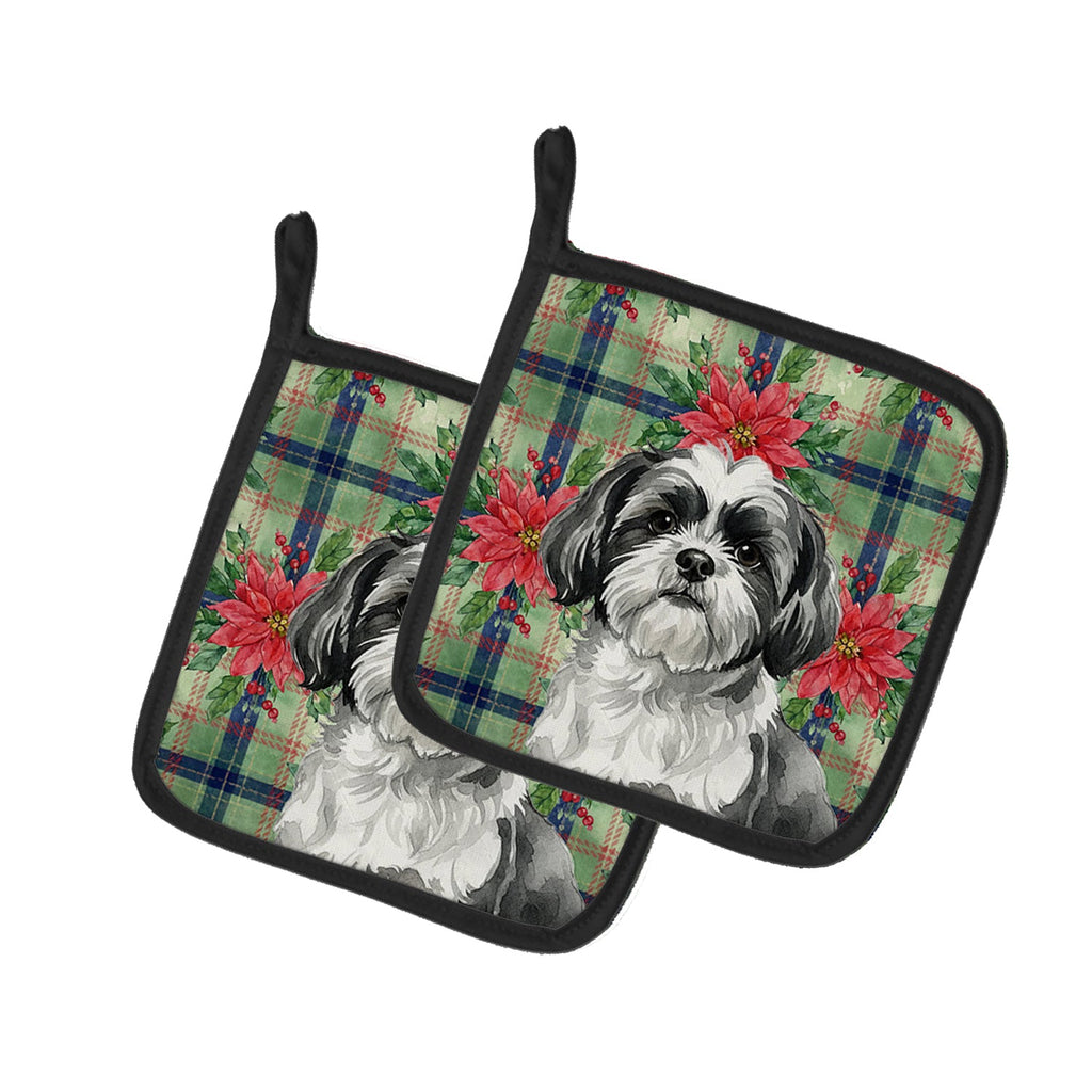 Black and White Shih Tzu Christmas PoinsettIas Pot Holder Set of 2 Heat Resistant Quilted Hot Pads 7.5 x 7.5 Inch, Insulated Kitchen Trivets for Cooking & Baking