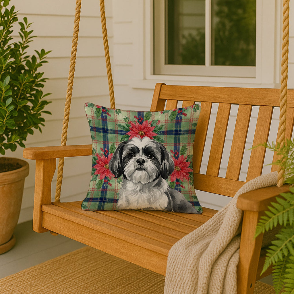 Black and White Shih Tzu Christmas PoinsettIas Decorative Throw Pillow 18x18 Indoor Outdoor Accent Cushion, Fabric Cover with Insert for Sofa, Bed, Porch & Living Room
