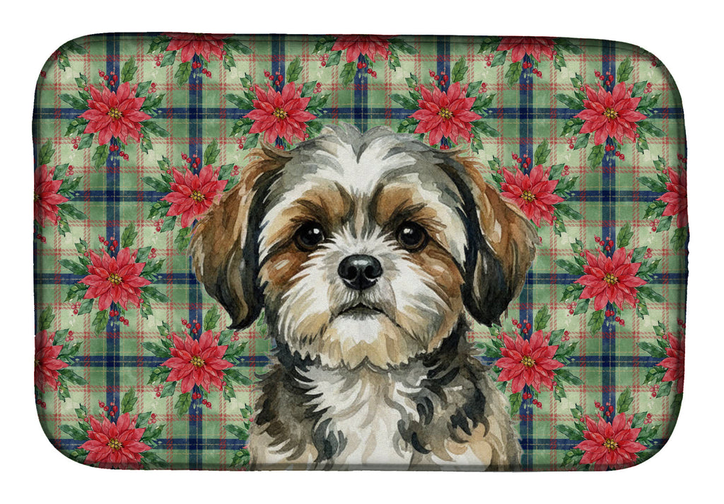 Brindle Shih Tzu Christmas PoinsettIas Dish Drying Mat Absorbent Dish Drying Mat Pad for Kitchen Counter Dish Drainer Mat for Countertop, 14 x 21", Multicolor