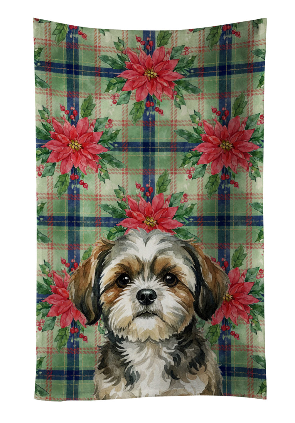Brindle Shih Tzu Christmas PoinsettIas Kitchen Towel Velour Plush Front and Cotton Loop Back Machine Washable