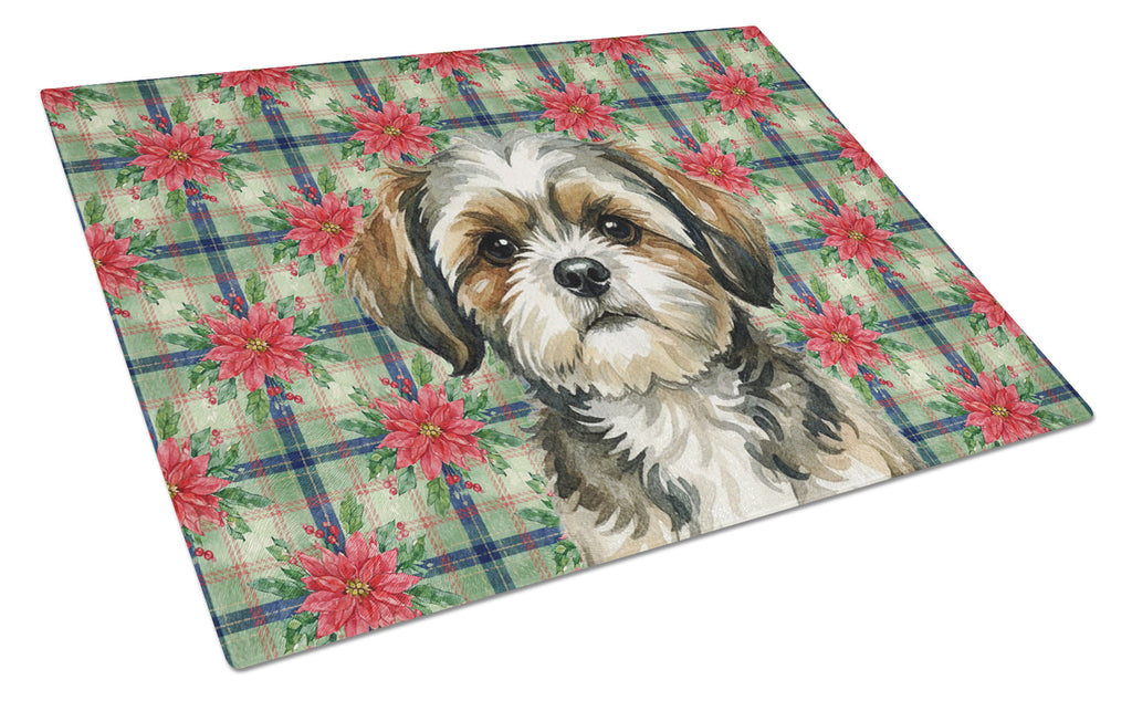 Brindle Shih Tzu Christmas PoinsettIas Cutting Board Tempered Glass Kitchen Cutting Surface, Heat Resistant Chopping, Non-Slip Feet, Food Prep & Serving