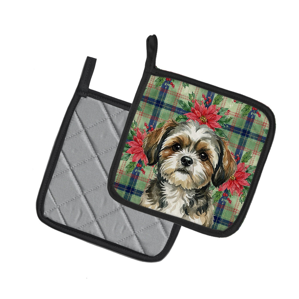 Brindle Shih Tzu Christmas PoinsettIas Pot Holder Set of 2 Heat Resistant Quilted Hot Pads 7.5 x 7.5 Inch, Insulated Kitchen Trivets for Cooking & Baking
