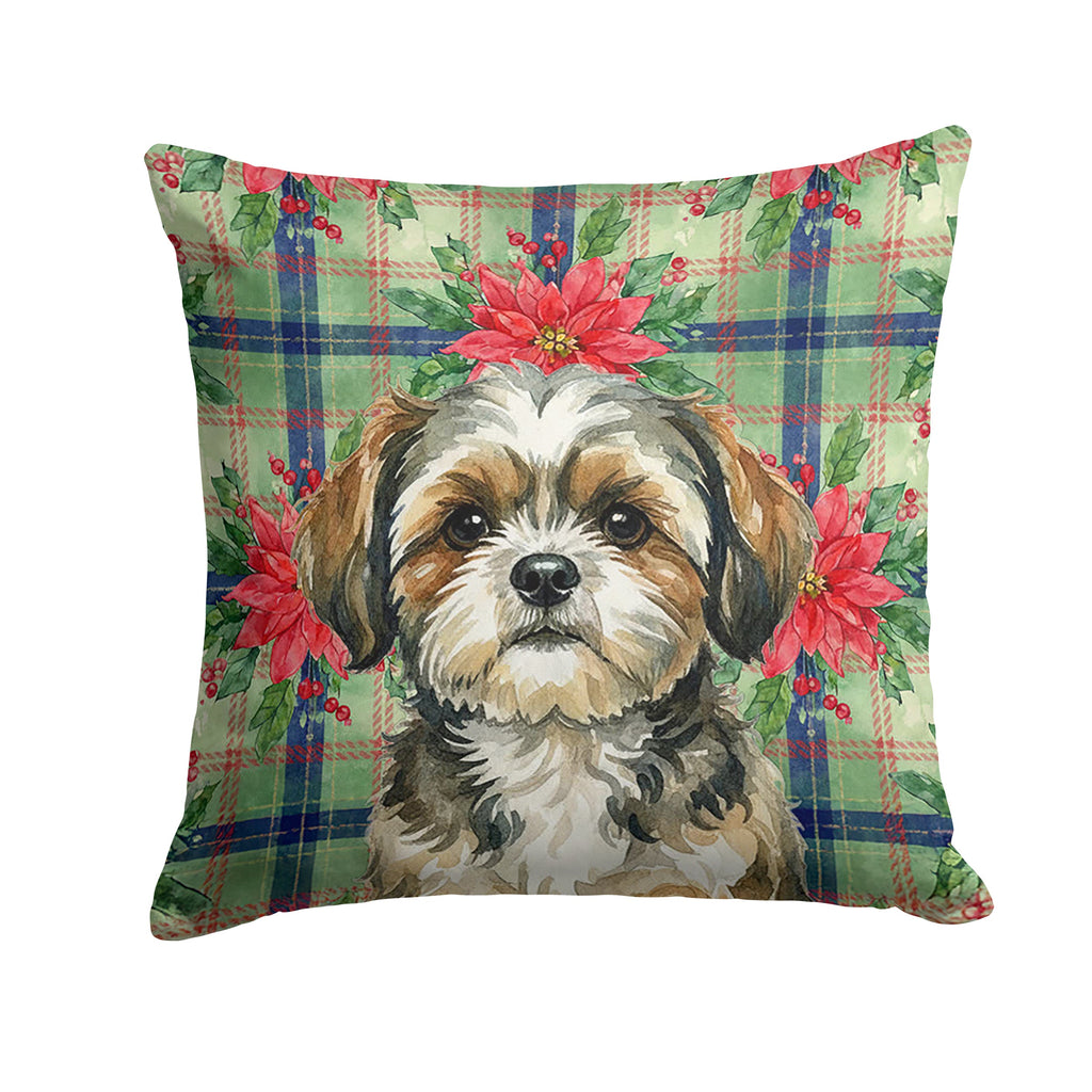 Brindle Shih Tzu Christmas PoinsettIas Decorative Throw Pillow 14x14 Indoor Outdoor Accent Cushion, Fabric Cover with Insert for Sofa, Bed, Porch & Living Room