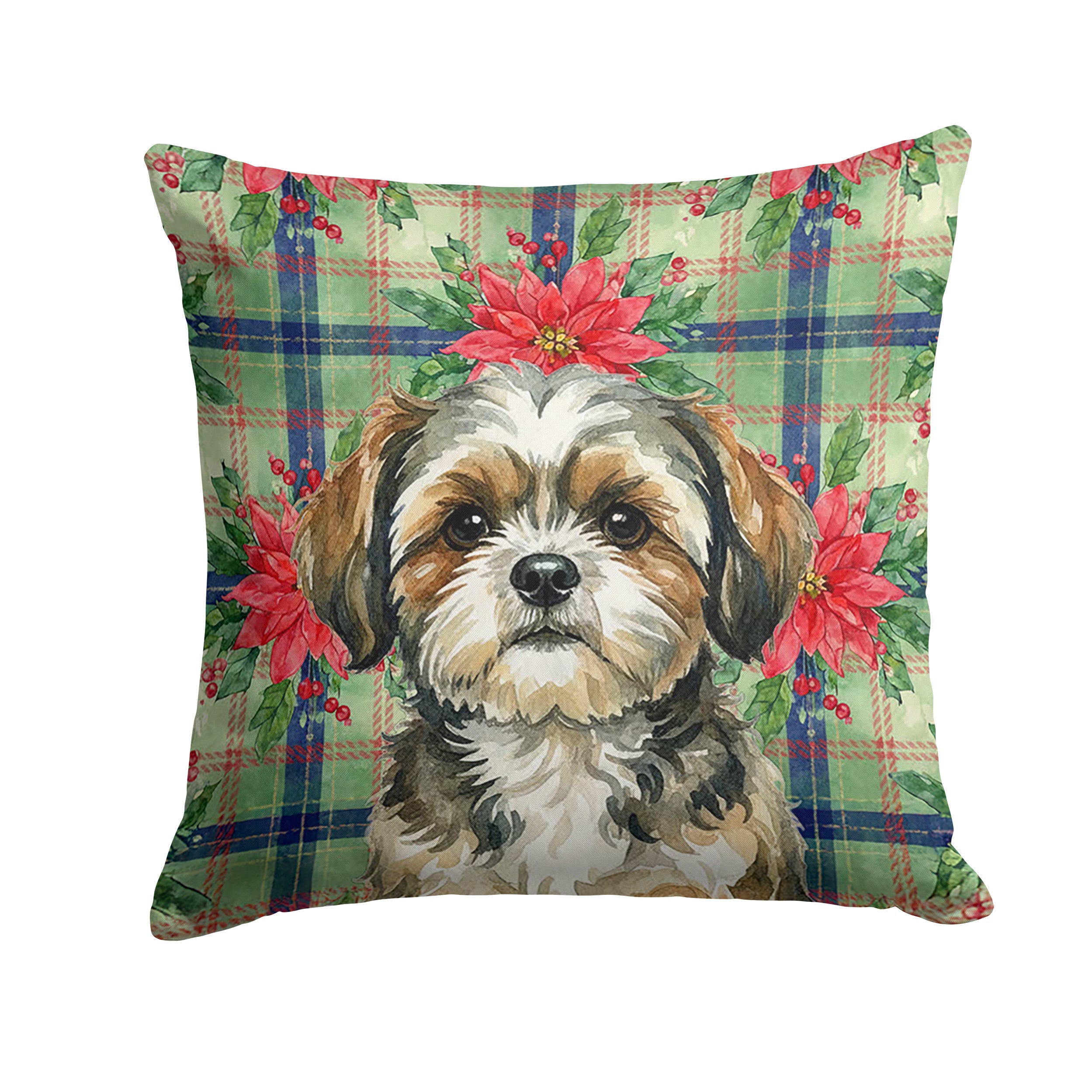Brindle Shih Tzu Christmas PoinsettIas Decorative Throw Pillow 14x14 Indoor Outdoor Accent Cushion, Fabric Cover with Insert for Sofa, Bed, Porch & Living Room