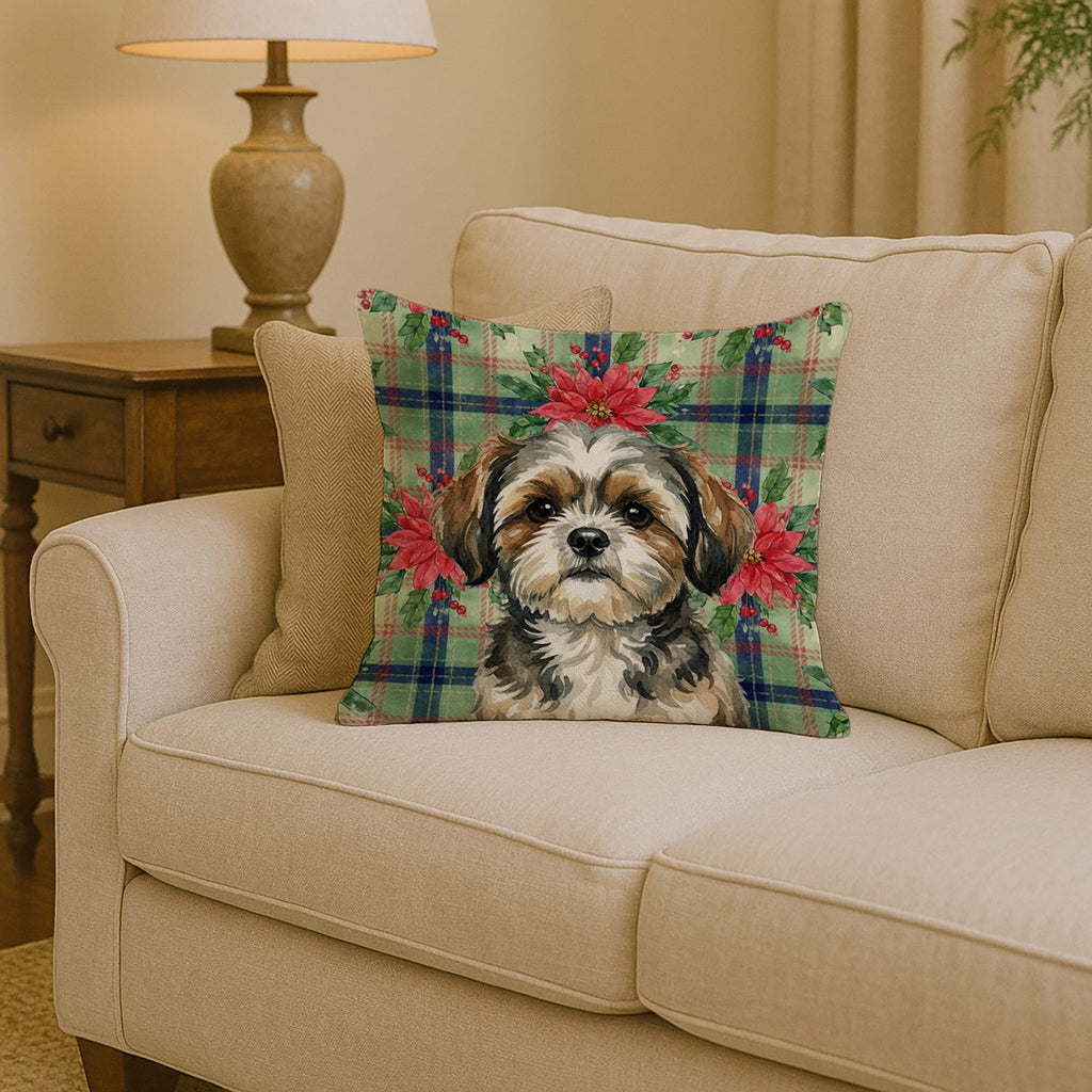 Brindle Shih Tzu Christmas PoinsettIas Decorative Throw Pillow 14x14 Indoor Outdoor Accent Cushion, Fabric Cover with Insert for Sofa, Bed, Porch & Living Room