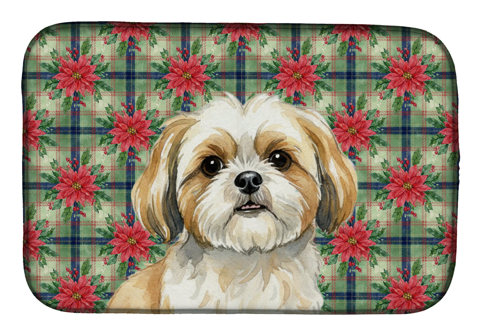 Gold and White Shih Tzu Christmas PoinsettIas Dish Drying Mat Absorbent Dish Drying Mat Pad for Kitchen Counter Dish Drainer Mat for Countertop, 14 x 21", Multicolor