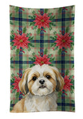 Gold and White Shih Tzu Christmas PoinsettIas Kitchen Towel Velour Plush Front and Cotton Loop Back Machine Washable