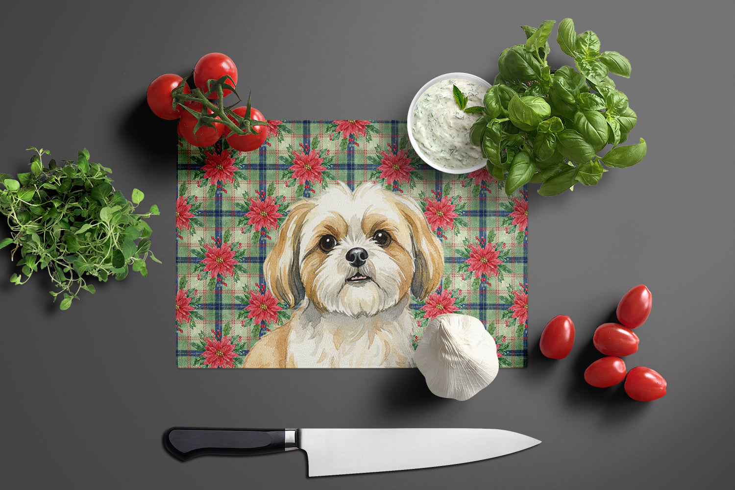 Gold and White Shih Tzu Christmas PoinsettIas Cutting Board Tempered Glass Kitchen Cutting Surface, Heat Resistant Chopping, Non-Slip Feet, Food Prep & Serving