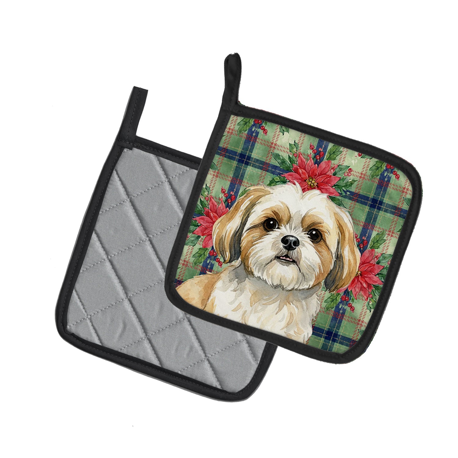 Gold and White Shih Tzu Christmas PoinsettIas Pot Holder Set of 2 Heat Resistant Quilted Hot Pads 7.5 x 7.5 Inch, Insulated Kitchen Trivets for Cooking & Baking