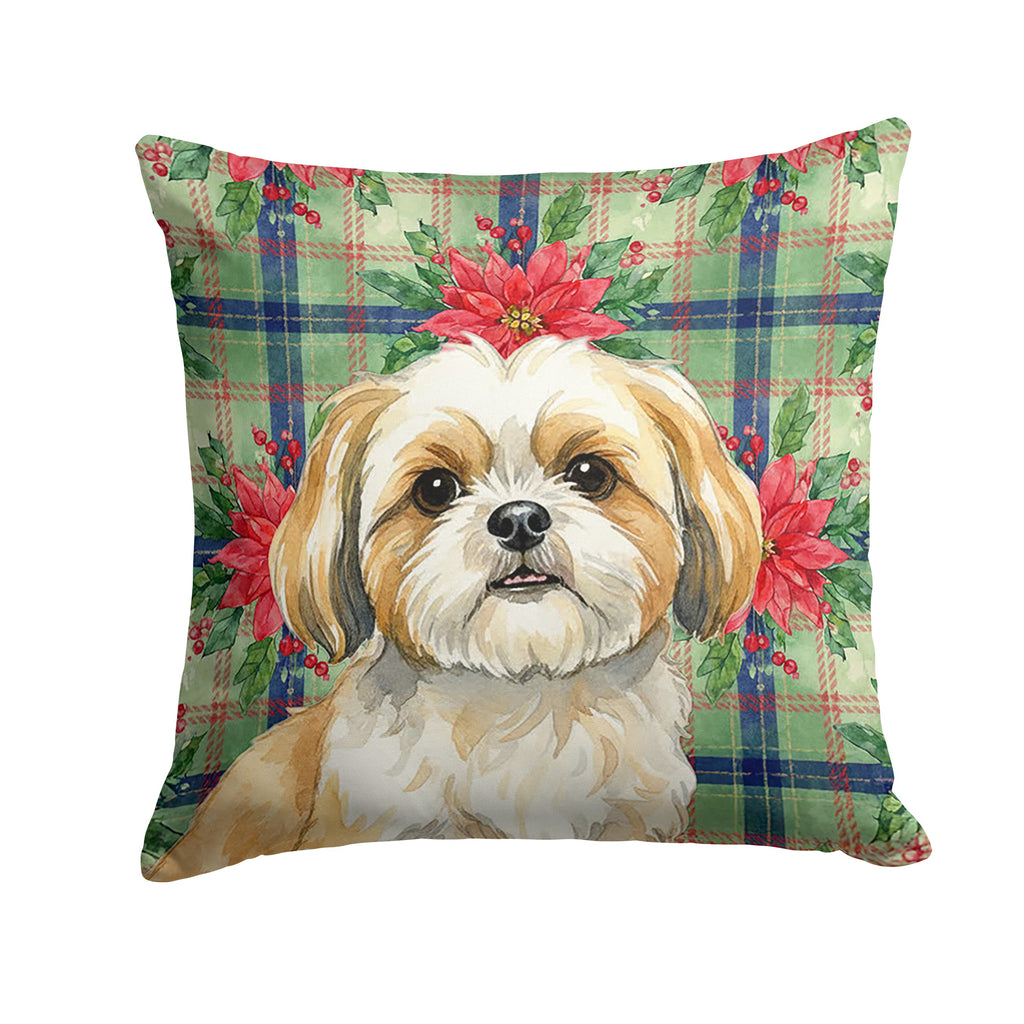 Gold and White Shih Tzu Christmas PoinsettIas Decorative Throw Pillow 14x14 Indoor Outdoor Accent Cushion, Fabric Cover with Insert for Sofa, Bed, Porch & Living Room