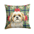 Gold and White Shih Tzu Christmas PoinsettIas Decorative Throw Pillow 14x14 Indoor Outdoor Accent Cushion, Fabric Cover with Insert for Sofa, Bed, Porch & Living Room