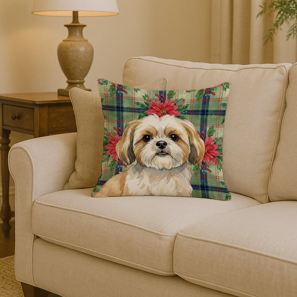 Gold and White Shih Tzu Christmas PoinsettIas Decorative Throw Pillow 14x14 Indoor Outdoor Accent Cushion, Fabric Cover with Insert for Sofa, Bed, Porch & Living Room