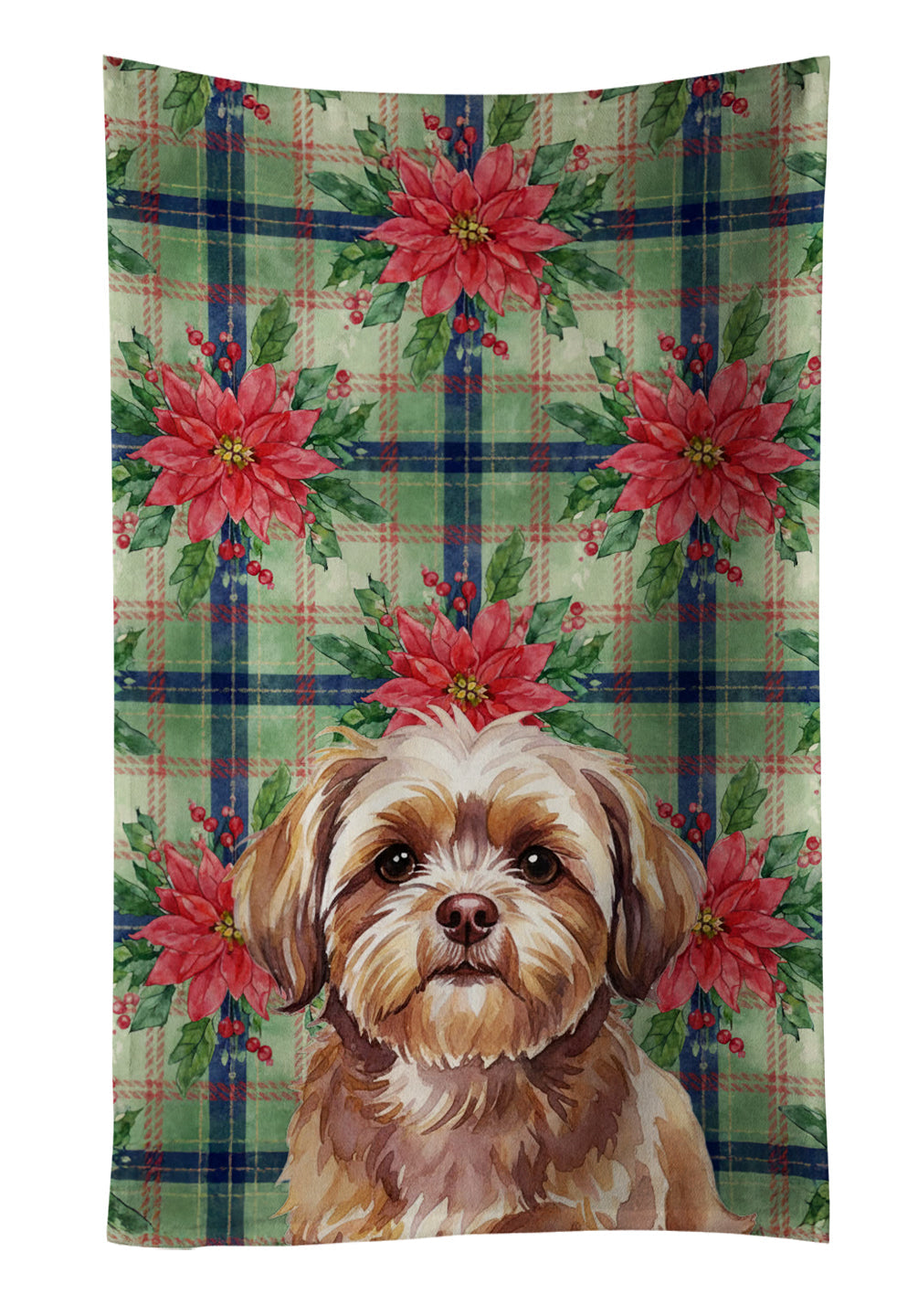 Liver Shih Tzu Christmas PoinsettIas Kitchen Towel Velour Plush Front and Cotton Loop Back Machine Washable