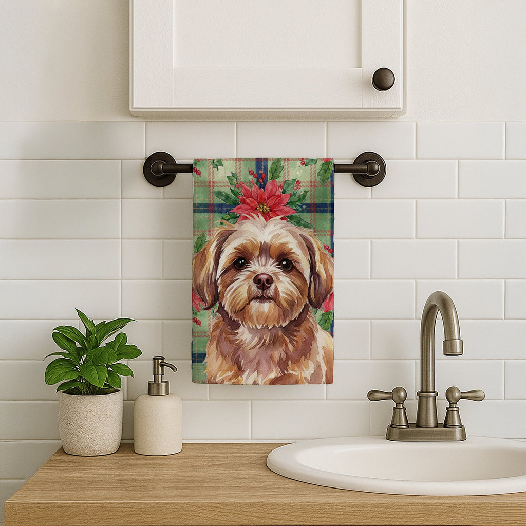 Liver Shih Tzu Christmas PoinsettIas Kitchen Towel Velour Plush Front and Cotton Loop Back Machine Washable