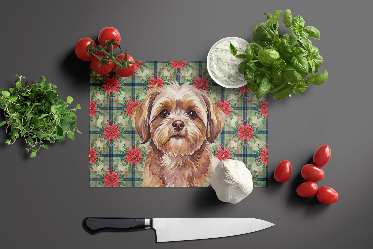 Liver Shih Tzu Christmas PoinsettIas Cutting Board Tempered Glass Kitchen Cutting Surface, Heat Resistant Chopping, Non-Slip Feet, Food Prep & Serving