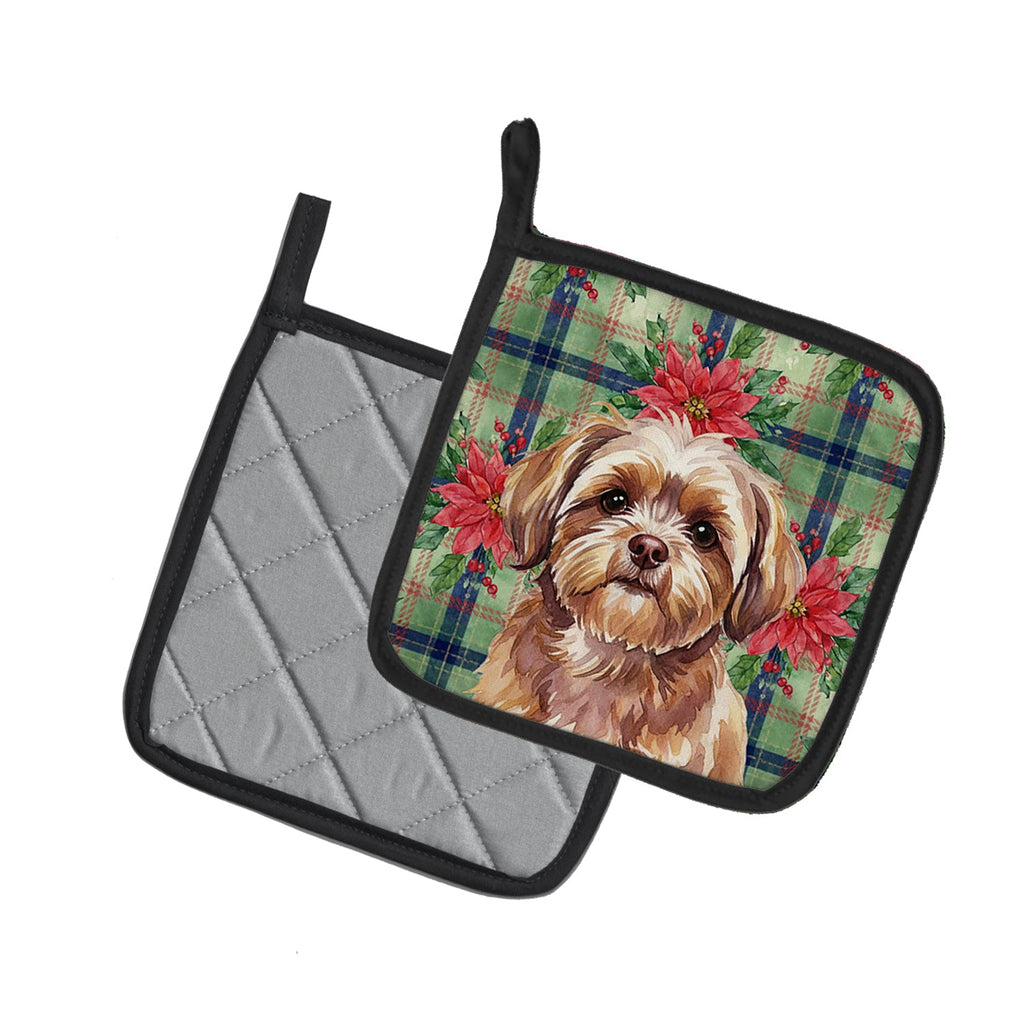 Liver Shih Tzu Christmas PoinsettIas Pot Holder Set of 2 Heat Resistant Quilted Hot Pads 7.5 x 7.5 Inch, Insulated Kitchen Trivets for Cooking & Baking