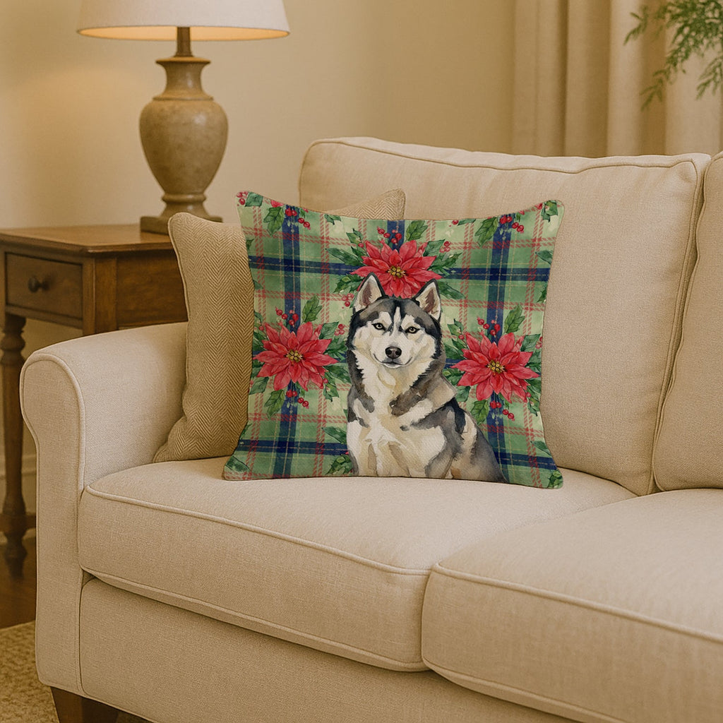 Agouti Siberian Husky Christmas PoinsettIas Decorative Throw Pillow 14x14 Indoor Outdoor Accent Cushion, Fabric Cover with Insert for Sofa, Bed, Porch & Living Room