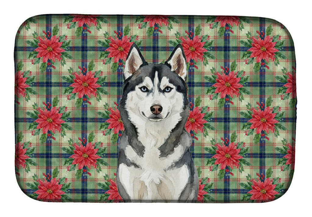 Siberian Husky Christmas PoinsettIas Dish Drying Mat Absorbent Dish Drying Mat Pad for Kitchen Counter Dish Drainer Mat for Countertop, 14 x 21", Multicolor
