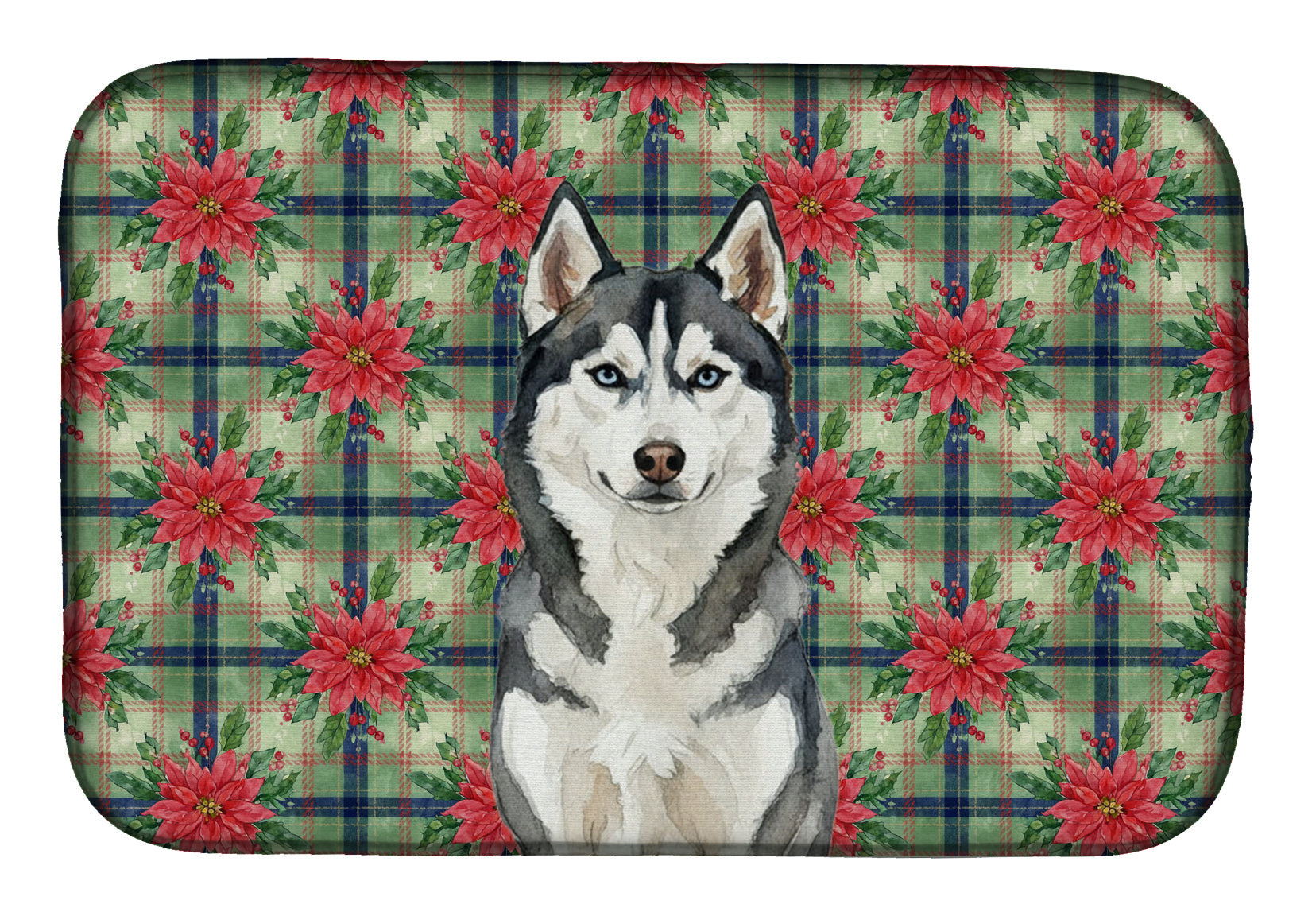 Siberian Husky Christmas PoinsettIas Dish Drying Mat Absorbent Dish Drying Mat Pad for Kitchen Counter Dish Drainer Mat for Countertop, 14 x 21", Multicolor