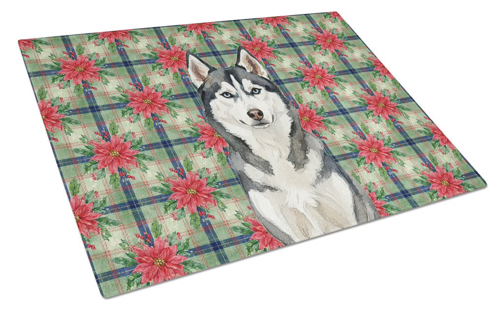 Siberian Husky Christmas PoinsettIas Cutting Board Tempered Glass Kitchen Cutting Surface, Heat Resistant Chopping, Non-Slip Feet, Food Prep & Serving
