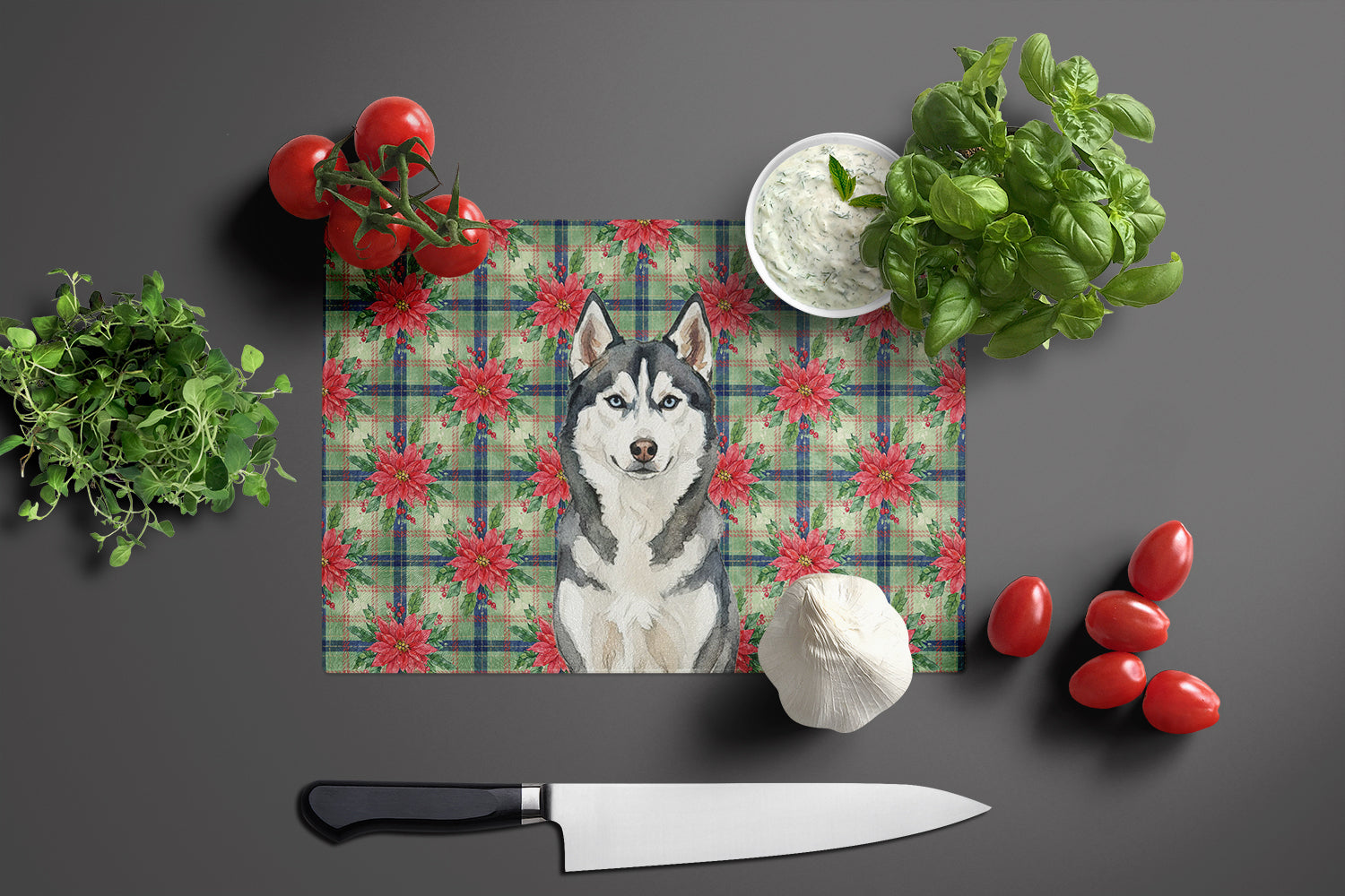 Siberian Husky Christmas PoinsettIas Cutting Board Tempered Glass Kitchen Cutting Surface, Heat Resistant Chopping, Non-Slip Feet, Food Prep & Serving