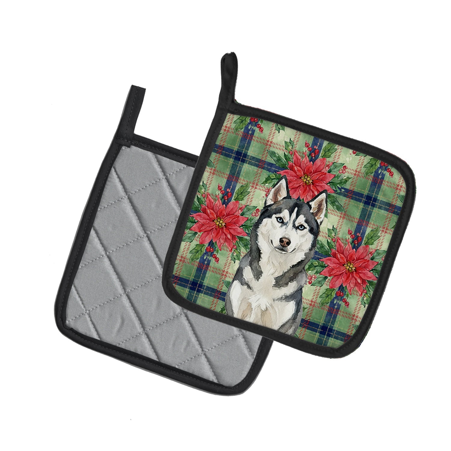 Siberian Husky Christmas PoinsettIas Pot Holder Set of 2 Heat Resistant Quilted Hot Pads 7.5 x 7.5 Inch, Insulated Kitchen Trivets for Cooking & Baking