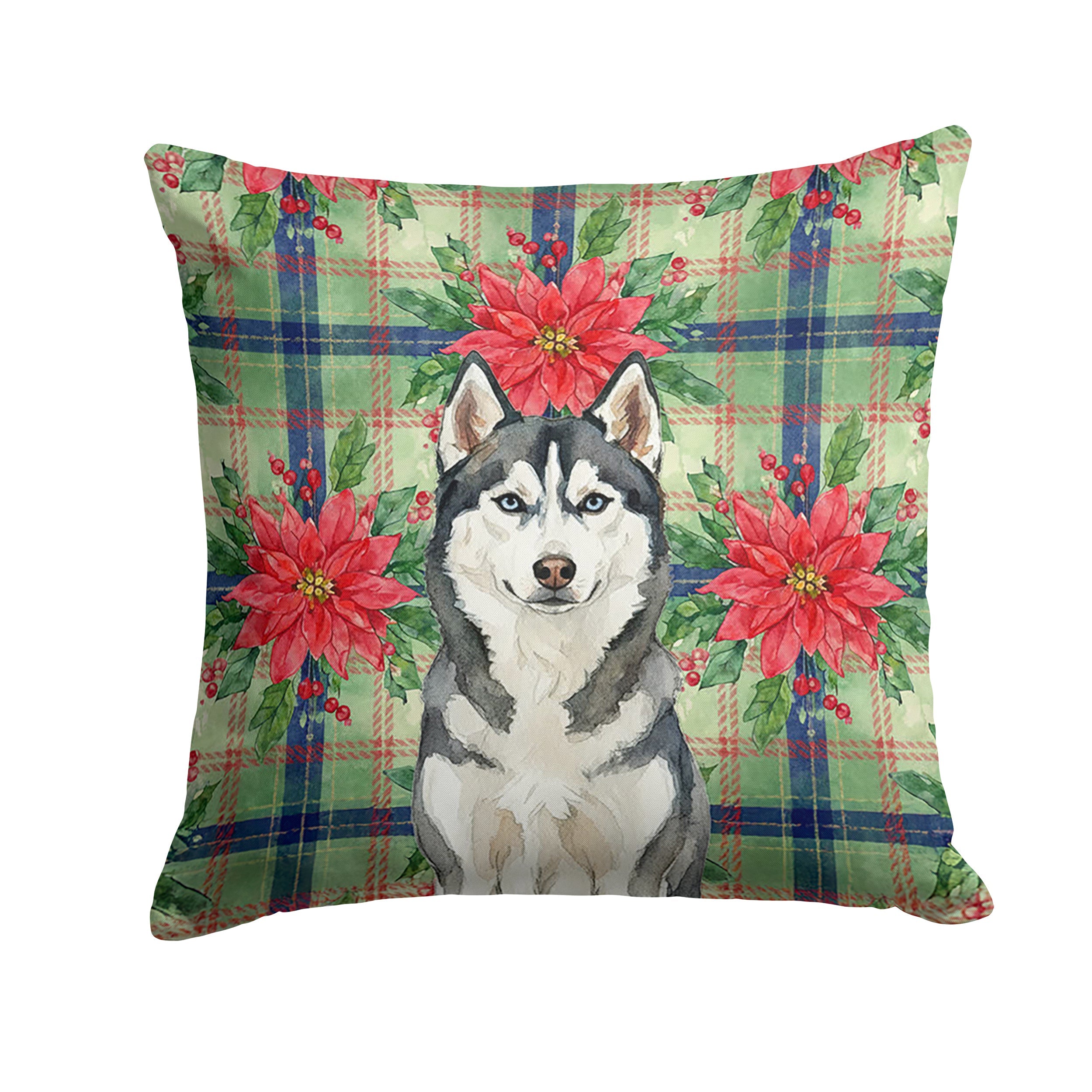 Siberian Husky Christmas PoinsettIas Decorative Throw Pillow 14x14 Indoor Outdoor Accent Cushion, Fabric Cover with Insert for Sofa, Bed, Porch & Living Room
