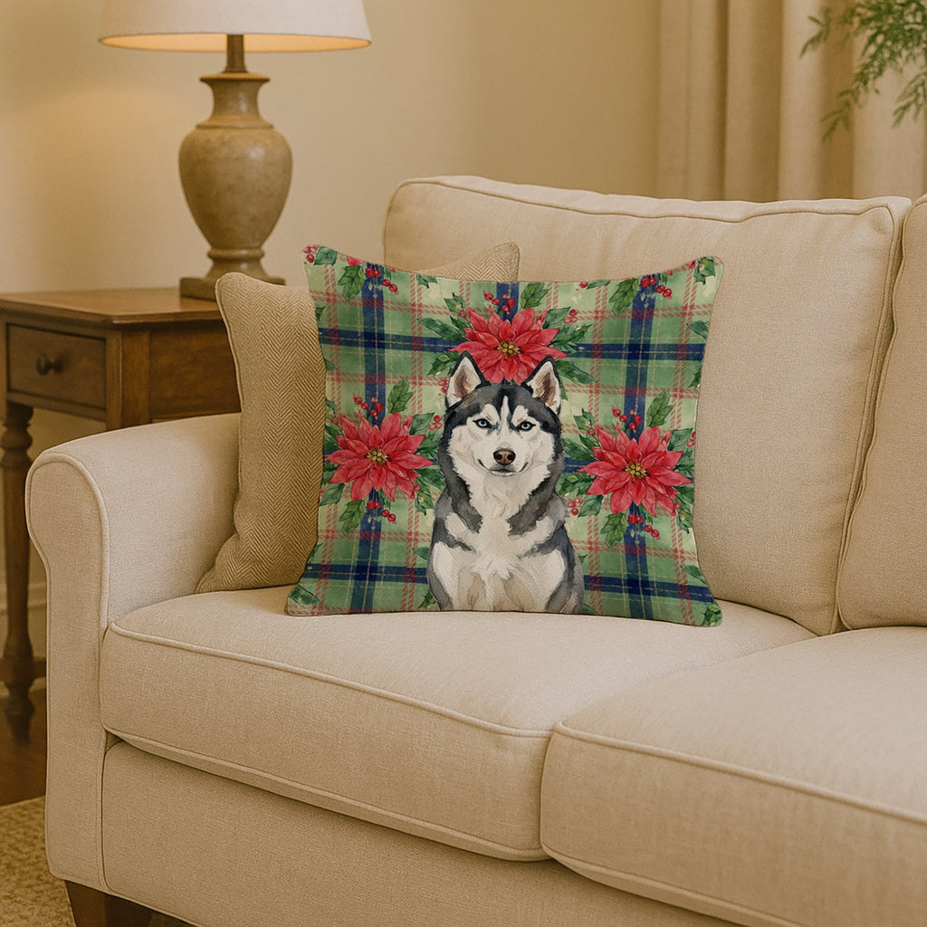 Siberian Husky Christmas PoinsettIas Decorative Throw Pillow 14x14 Indoor Outdoor Accent Cushion, Fabric Cover with Insert for Sofa, Bed, Porch & Living Room