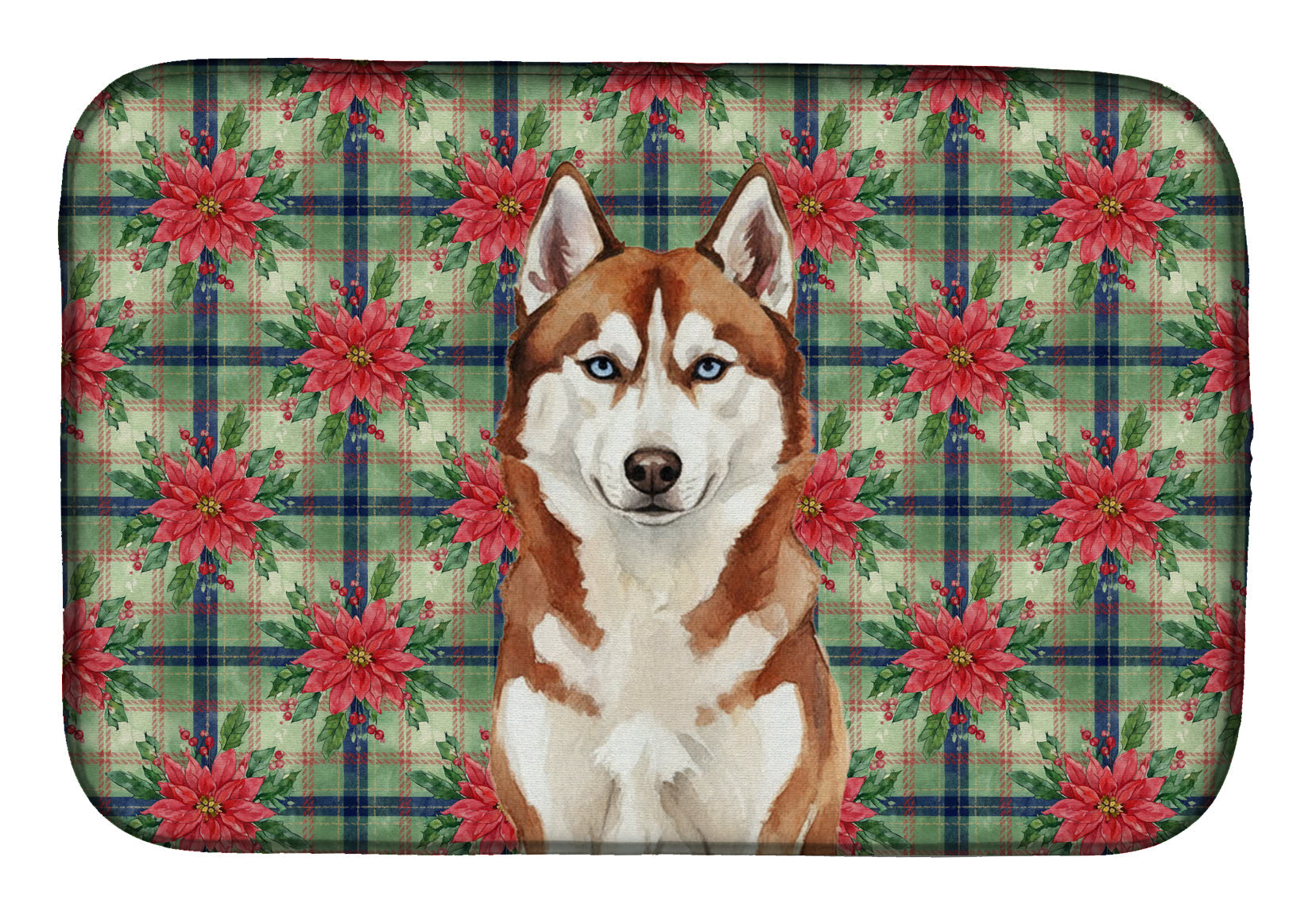 Red and White Siberian Husky Christmas PoinsettIas Dish Drying Mat Absorbent Dish Drying Mat Pad for Kitchen Counter Dish Drainer Mat for Countertop, 14 x 21", Multicolor
