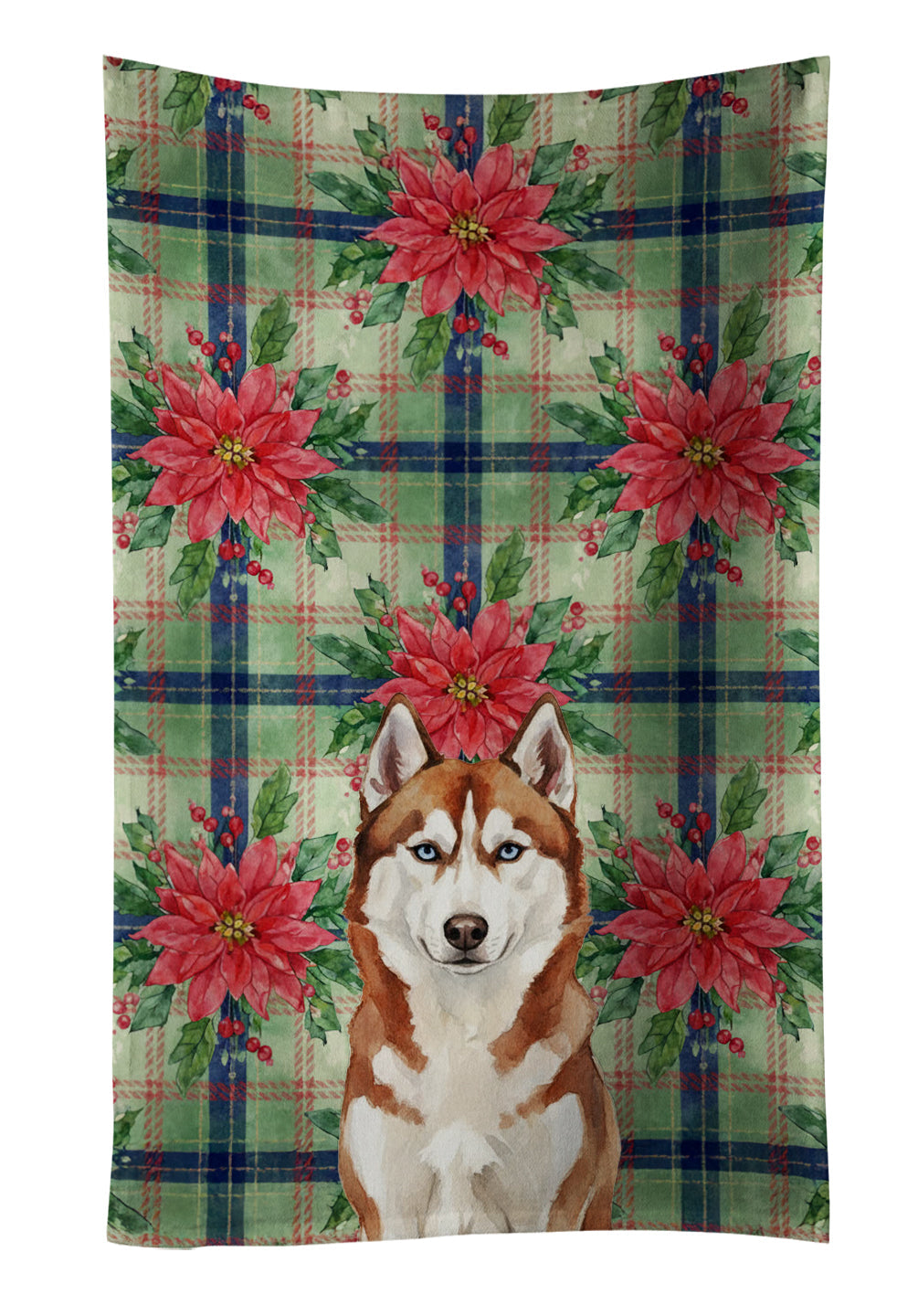 Red and White Siberian Husky Christmas PoinsettIas Kitchen Towel Velour Plush Front and Cotton Loop Back Machine Washable