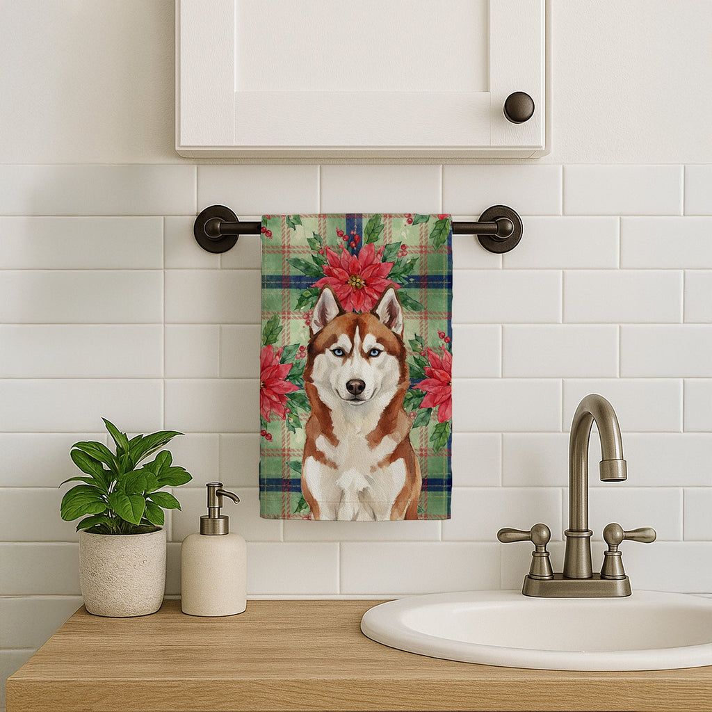 Red and White Siberian Husky Christmas PoinsettIas Kitchen Towel Velour Plush Front and Cotton Loop Back Machine Washable