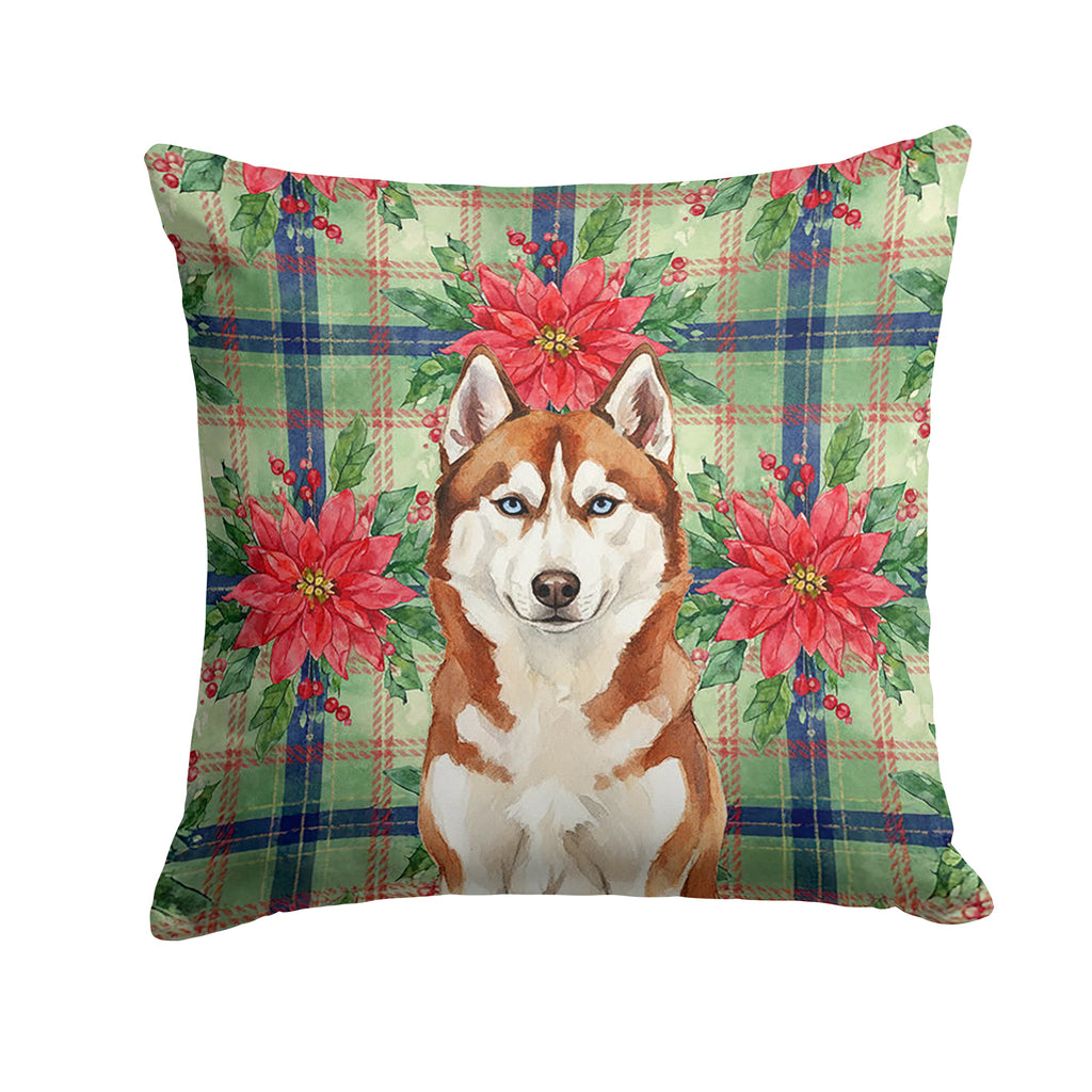 Red and White Siberian Husky Christmas PoinsettIas Decorative Throw Pillow 14x14 Indoor Outdoor Accent Cushion, Fabric Cover with Insert for Sofa, Bed, Porch & Living Room