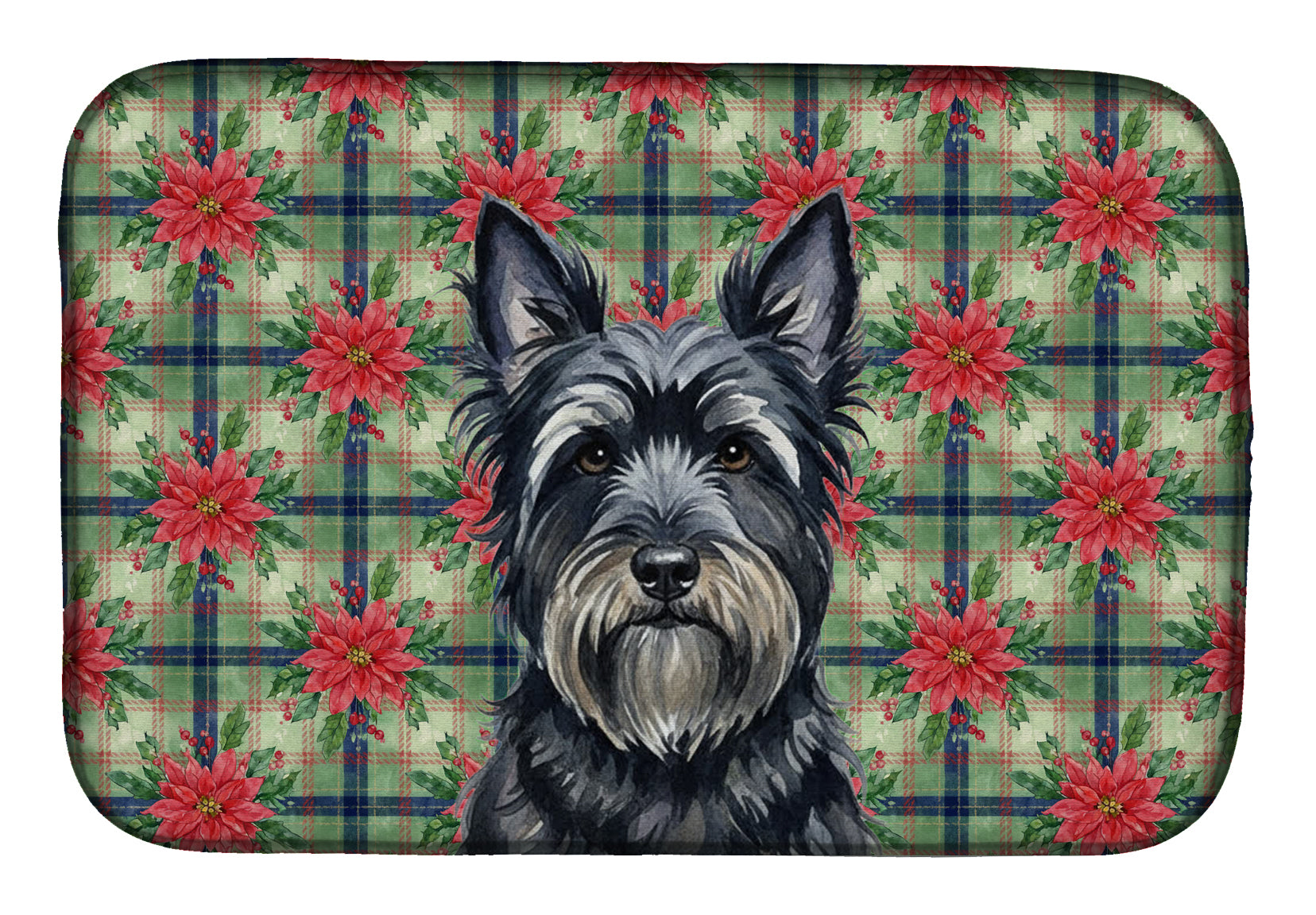 Black Skye Terrier Christmas PoinsettIas Dish Drying Mat Absorbent Dish Drying Mat Pad for Kitchen Counter Dish Drainer Mat for Countertop, 14 x 21", Multicolor