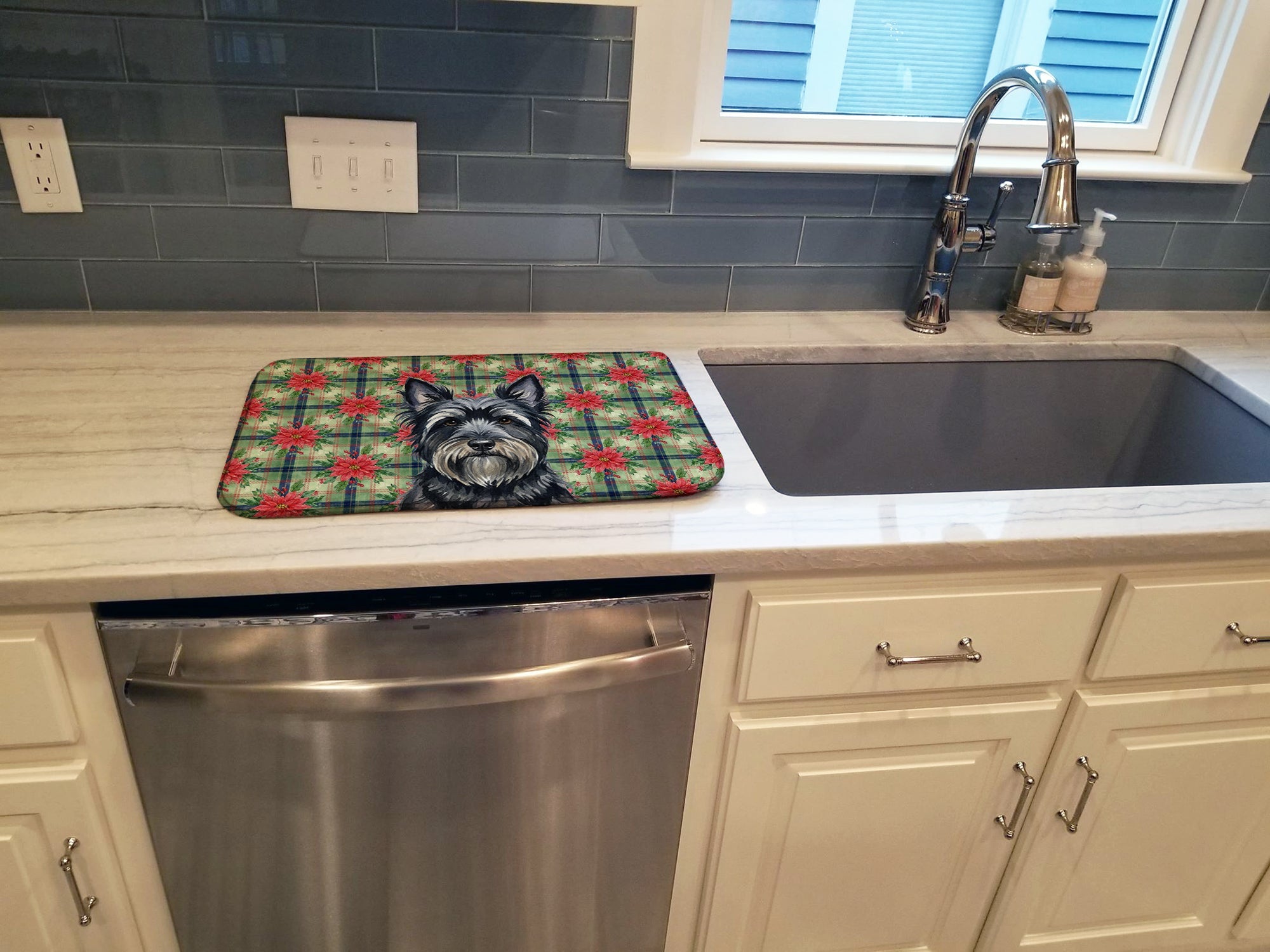 Black Skye Terrier Christmas PoinsettIas Dish Drying Mat Absorbent Dish Drying Mat Pad for Kitchen Counter Dish Drainer Mat for Countertop, 14 x 21", Multicolor