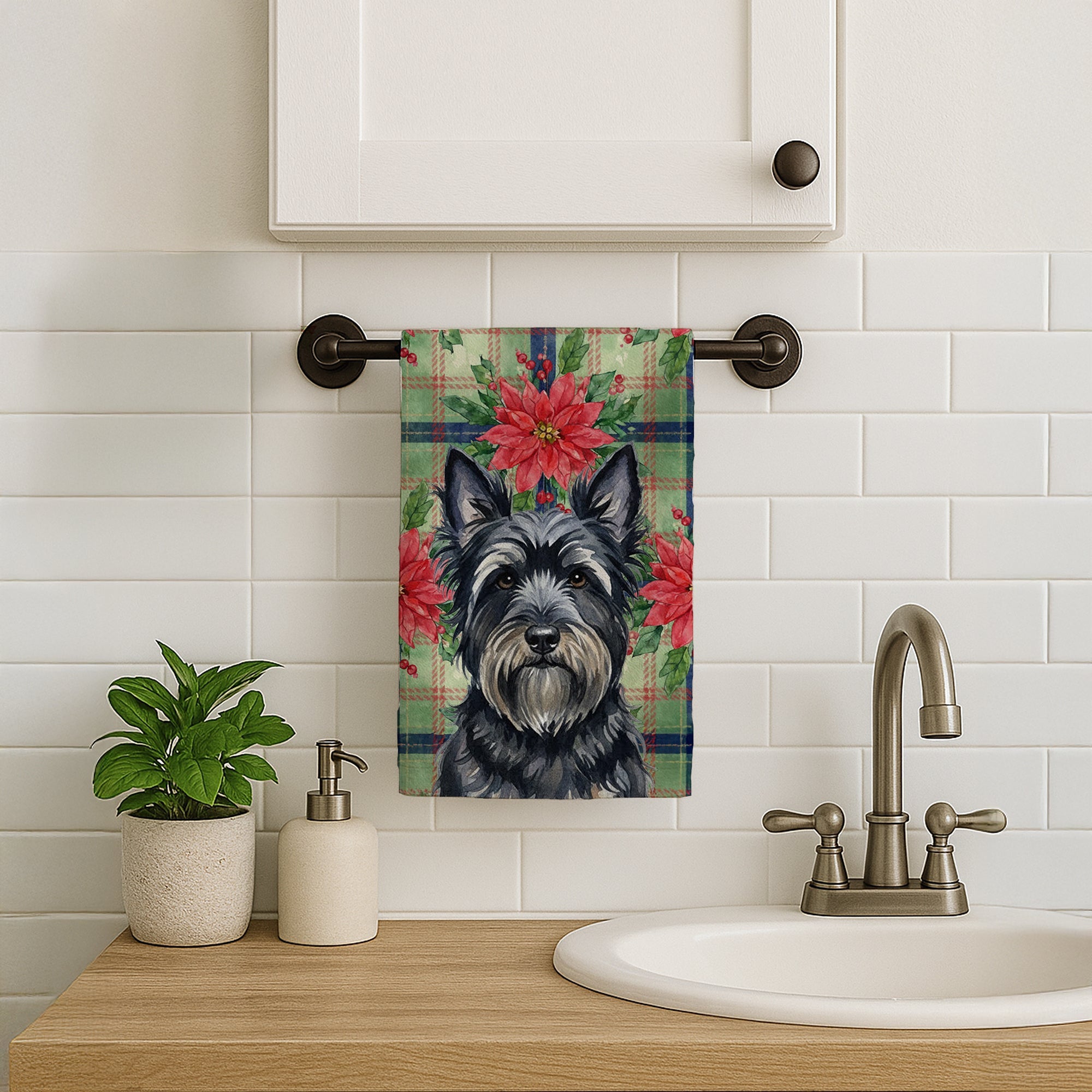 Black Skye Terrier Christmas PoinsettIas Kitchen Towel Velour Plush Front and Cotton Loop Back Machine Washable