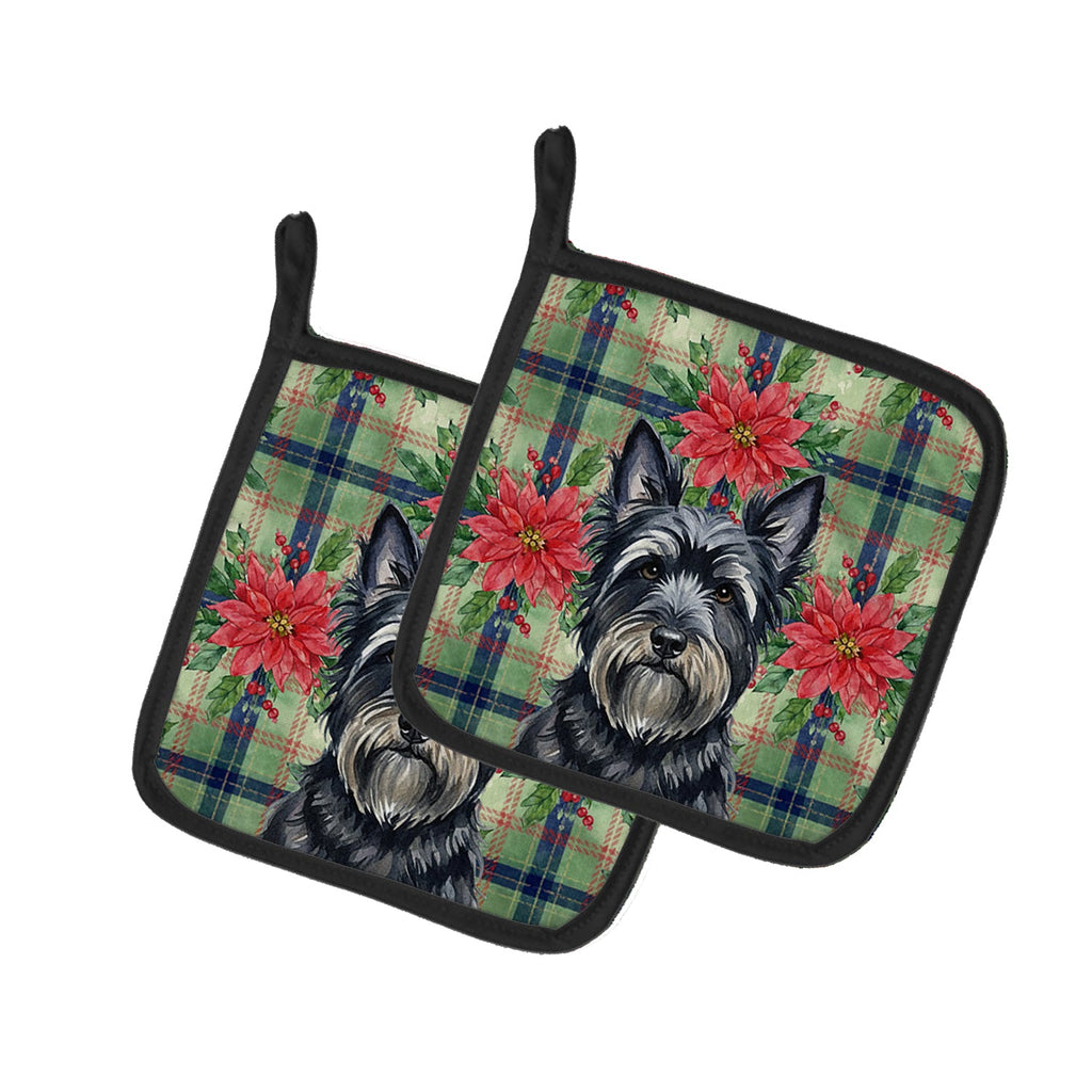 Black Skye Terrier Christmas PoinsettIas Pot Holder Set of 2 Heat Resistant Quilted Hot Pads 7.5 x 7.5 Inch, Insulated Kitchen Trivets for Cooking & Baking