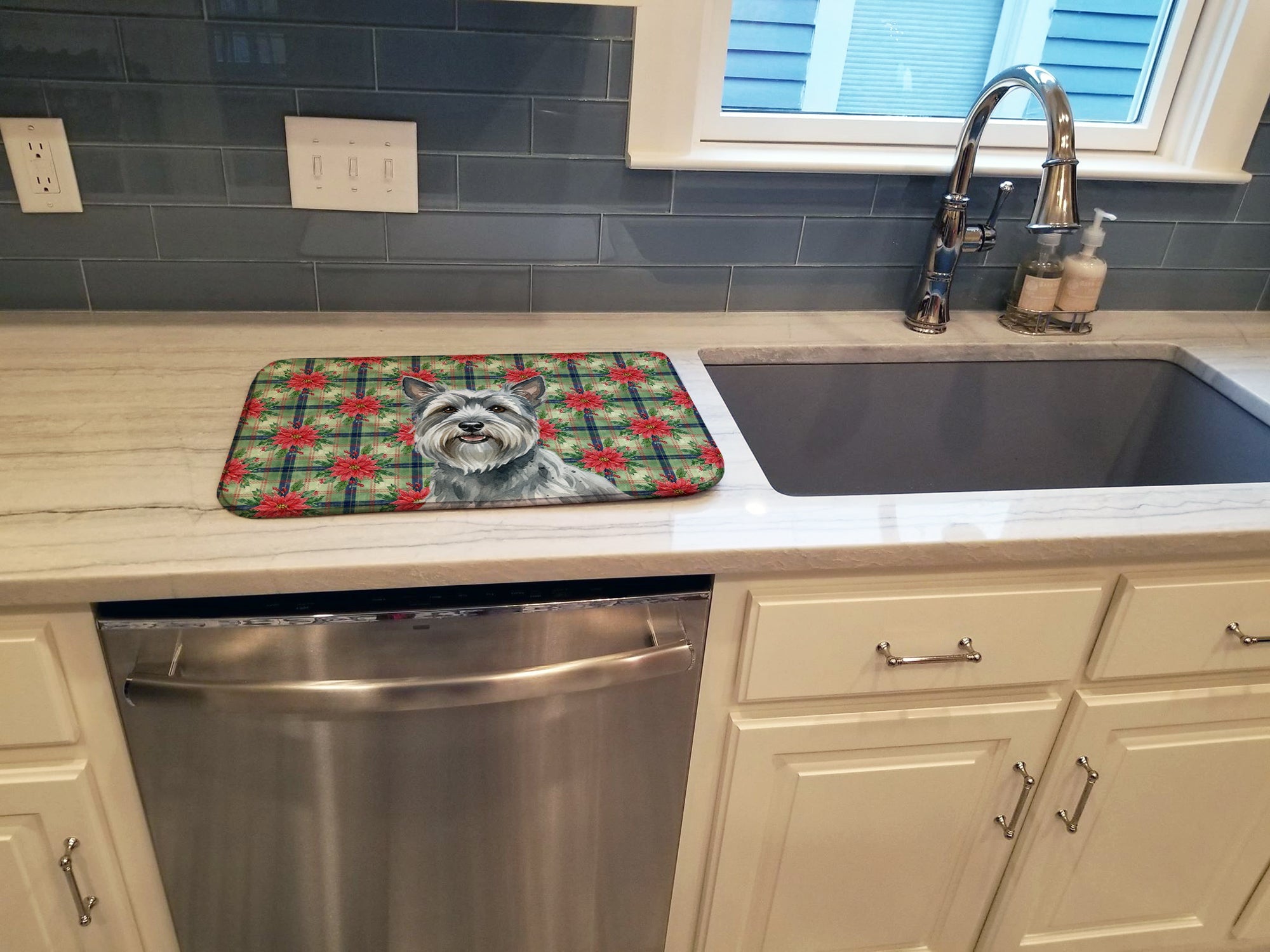 Gray Skye Terrier Christmas PoinsettIas Dish Drying Mat Absorbent Dish Drying Mat Pad for Kitchen Counter Dish Drainer Mat for Countertop, 14 x 21", Multicolor