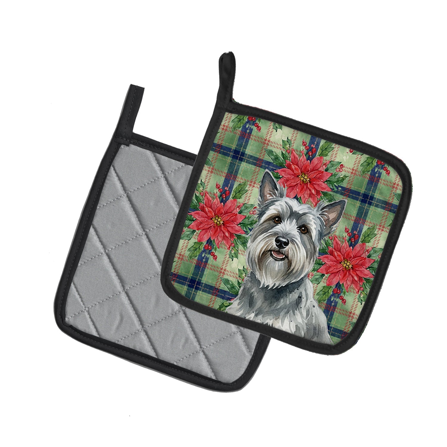Gray Skye Terrier Christmas PoinsettIas Pot Holder Set of 2 Heat Resistant Quilted Hot Pads 7.5 x 7.5 Inch, Insulated Kitchen Trivets for Cooking & Baking