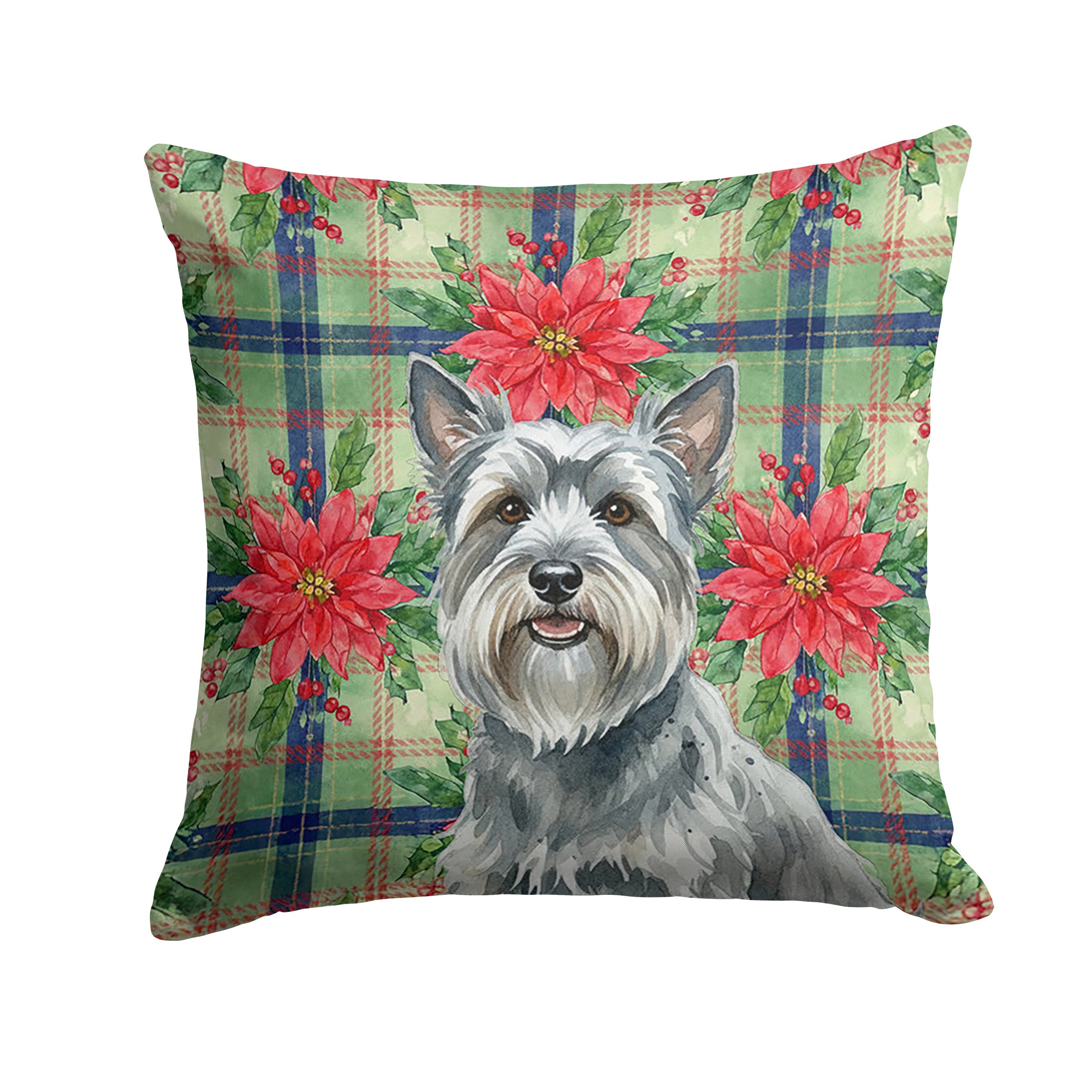 Gray Skye Terrier Christmas PoinsettIas Decorative Throw Pillow 14x14 Indoor Outdoor Accent Cushion, Fabric Cover with Insert for Sofa, Bed, Porch & Living Room