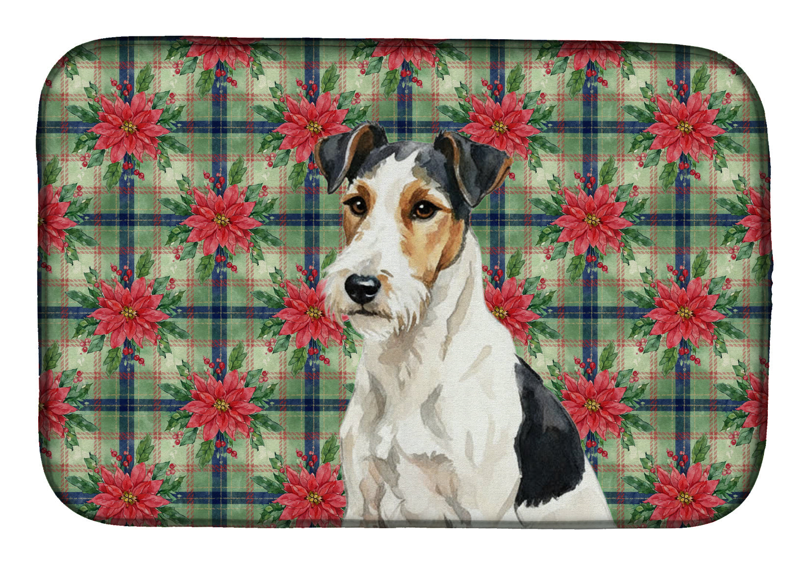 Smooth Fox Terrier Christmas PoinsettIas Dish Drying Mat Absorbent Dish Drying Mat Pad for Kitchen Counter Dish Drainer Mat for Countertop, 14 x 21", Multicolor